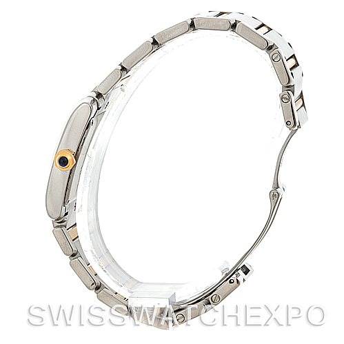 The image shows a side profile of the Cartier Tank Française watch, highlighting the bracelet and crown.