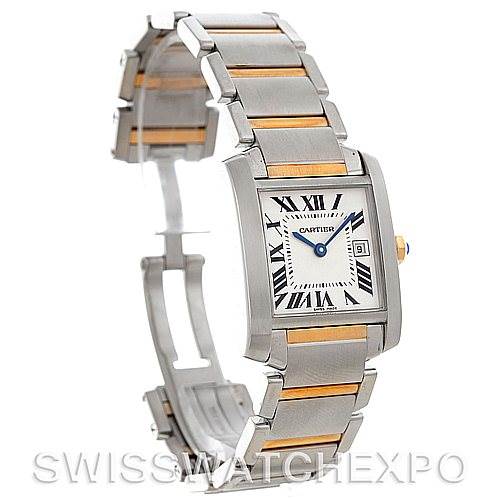 The image shows a Tank Francaise model by Cartier at an angled side view, displaying the watch's face, band, and crown.