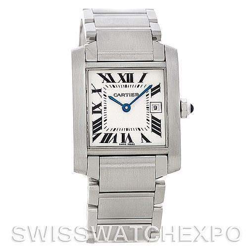 This is a Cartier watch showing a frontal view, displaying the face with Roman numeral markers and the bracelet.