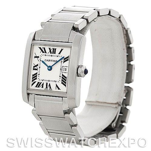 The image shows a side and front view of a Cartier Tank watch, focusing on the bracelet and the rectangular face with Roman numerals.
