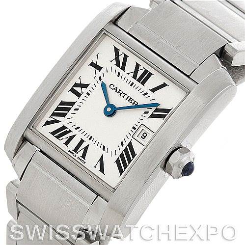 The image is of a Cartier watch, not the Rolex President W51011Q3 Women's Platinum Silver Dial W51011Q3 Women's Platinum Silver Dial model, showing a close-up of the case, dial, crown, and part of the bracelet.