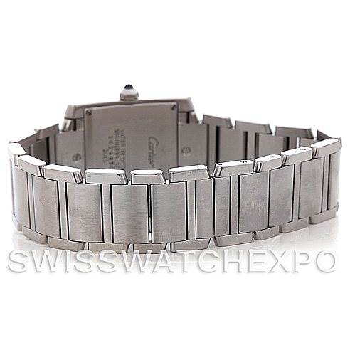 This image shows the back and bracelet of a Cartier watch, viewed from the rear angle.