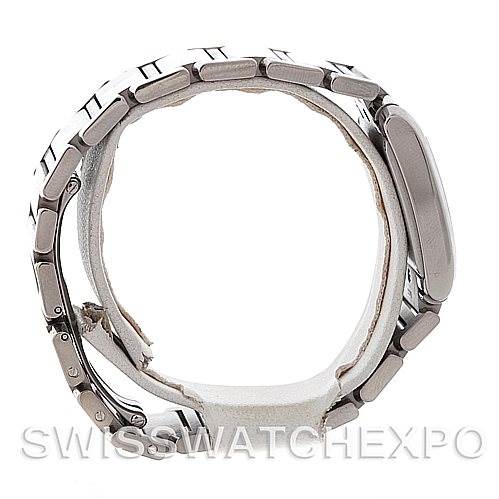 Side profile of a Rolex President W51011Q3 Women's Platinum Silver Dial W51011Q3 Women's Platinum Silver Dial watch showing the bracelet and case.