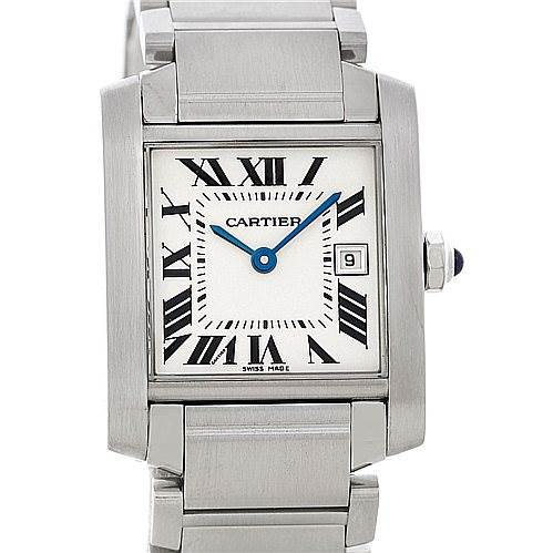 This image shows a front view of a Cartier watch, specifically highlighting its rectangular face, Roman numerals, and metal bracelet.