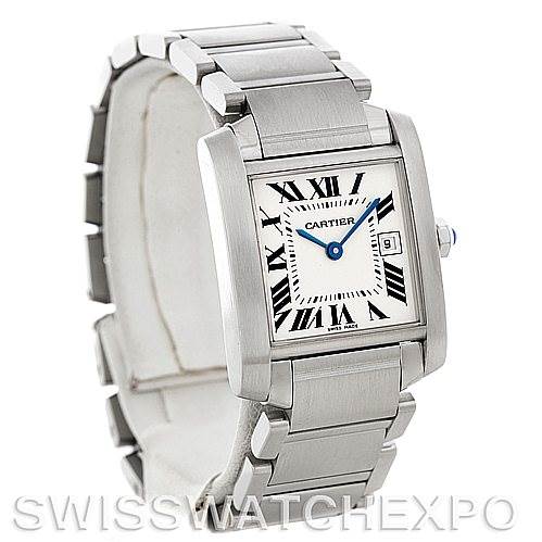 The image shows a Cartier watch, not a Rolex President W51011Q3 Women's Platinum Silver Dial W51011Q3 Women's Platinum Silver Dial model, from a front angle showcasing the case, dial, bracelet, and clasp.
