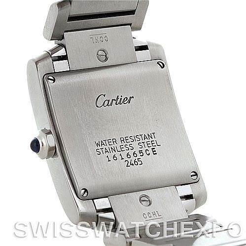 This image displays the back of a Cartier watch, showing its case back, model number, and water resistance information.