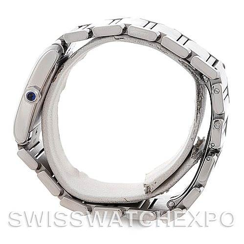 The image shows a side view of the Cartier Tank Francaise W51011Q3 Women's Stainless Steel Silver Dial W51011Q3 Women's Stainless Steel Silver Dial watch, focusing on the bracelet and crown.