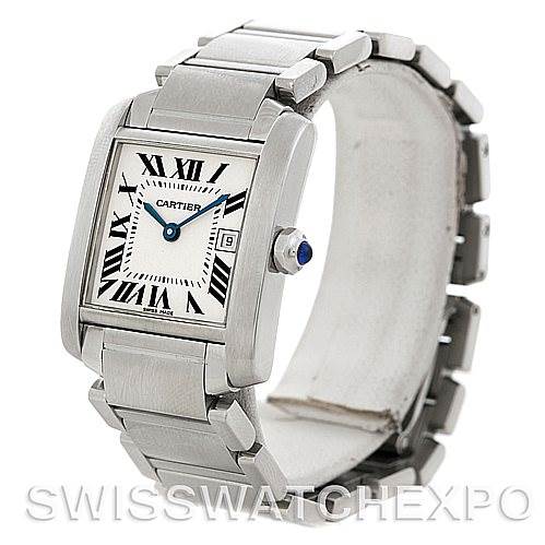 The Cartier Tank Francaise W51011Q3 Women's Stainless Steel Silver Dial W51011Q3 Women's Stainless Steel Silver Dial watch is shown at a three-quarter angle, highlighting the bezel, bracelet, and crown with a blue cabochon.
