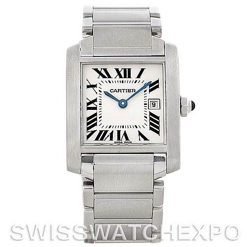 The image shows a frontal view of the Cartier Tank Française watch, displaying its square face, Roman numerals, blue hands, and metal bracelet.