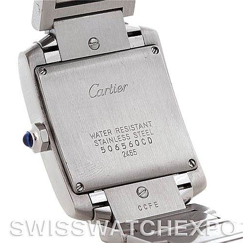 This image shows the back case of a Cartier Tank Française watch, highlighting its stainless steel material and water resistance.