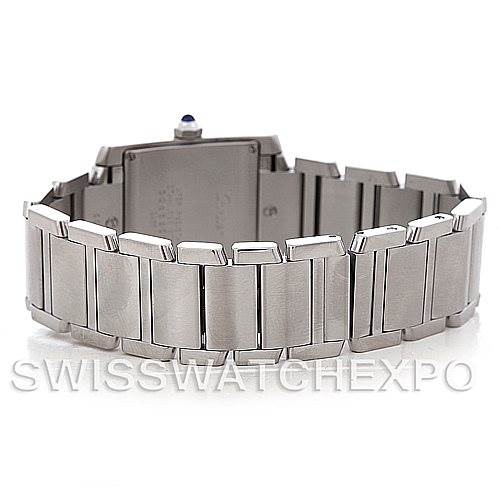 The image shows the back view of the Cartier Tank Francaise W51011Q3 Women's Stainless Steel Silver Dial W51011Q3 Women's Stainless Steel Silver Dial watch, focusing on its stainless steel bracelet and clasp.