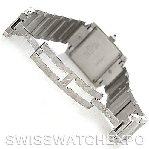The image shows the clasp and bracelet of a Cartier Tank Francaise W51011Q3 Women's Stainless Steel Silver Dial W51011Q3 Women's Stainless Steel Silver Dial watch from the back angle.