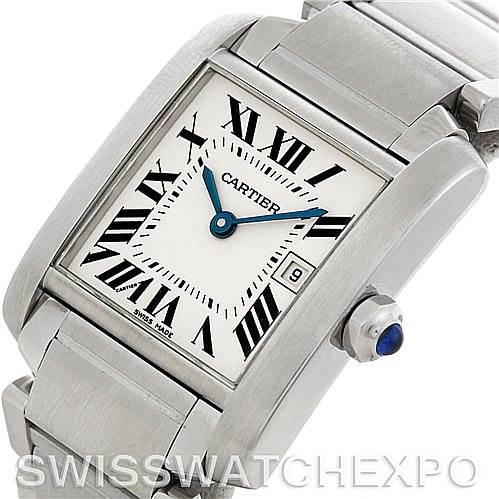 The image shows a close-up angle of the Cartier Tank Française watch, highlighting its dial, crown, and part of the bracelet.