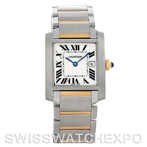 The image shows a Cartier Tank Française watch, viewed from the front, with its face, bracelet, and crown visible.