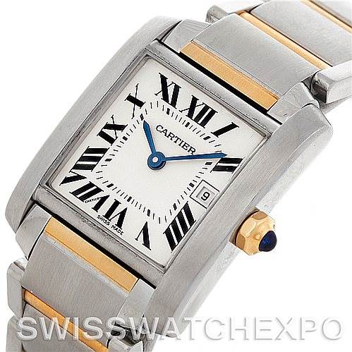 The image shows a close-up, angled view of the Cartier Tank Française watch, featuring the face, bezel, and part of the bracelet.
