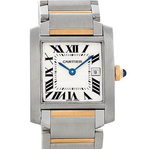 This image shows a frontal view of a Cartier Tank Francaise W51012Q4 Women's Steel and Gold (two tone) Silver Dial W51012Q4 Women's Steel and Gold (two tone) Silver Dial watch, highlighting its face, bezel, and the bracelet.