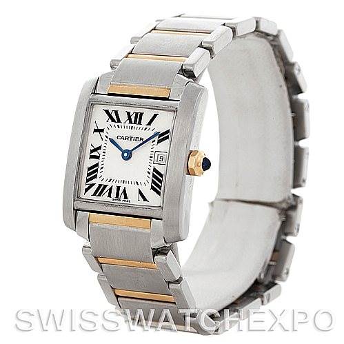 The image shows the front and side angles of a Tank Francaise watch by Cartier, highlighting its dial, bezel, and bracelet.