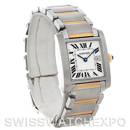 The image shows a Cartier Tank Française model watch with a front-left angle, highlighting its face, bracelet, and side profile.