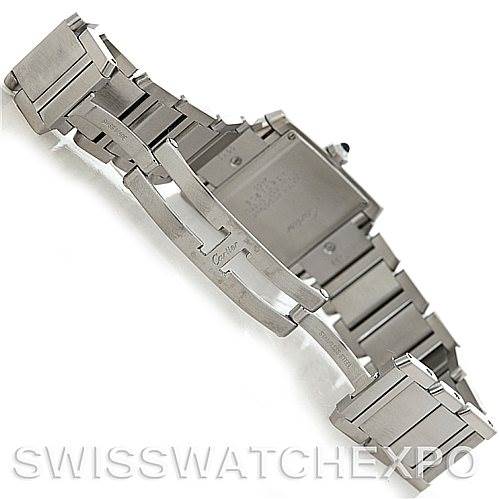 This image shows the open bracelet and clasp of the Cartier Tank Francaise W51011Q3 Women's Stainless Steel Silver Dial W51011Q3 Women's Stainless Steel Silver Dial watch from the backside.