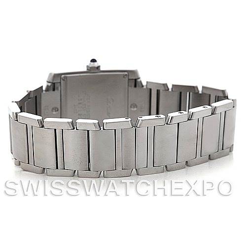 This image shows a rear view of the Cartier Tank Française watch, focusing on the stainless steel bracelet and case back.