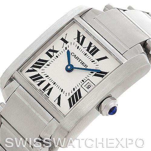 The image shows a close-up angle of a Cartier Tank Francaise W51011Q3 Women's Stainless Steel Silver Dial W51011Q3 Women's Stainless Steel Silver Dial watch, highlighting the face, bezel, crown, and part of the bracelet.