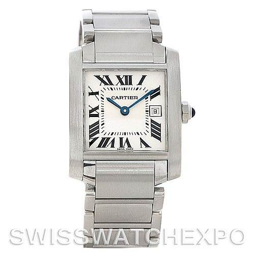 The image shows a front view of the Cartier Tank Francaise W51011Q3 Women's Stainless Steel Silver Dial W51011Q3 Women's Stainless Steel Silver Dial watch, highlighting its face, bracelet, and crown.