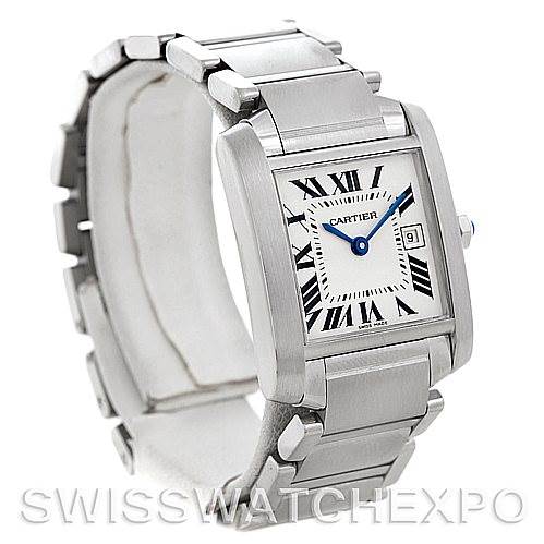 The image shows the Cartier Tank Francaise W51011Q3 Women's Stainless Steel Silver Dial W51011Q3 Women's Stainless Steel Silver Dial watch at an angled view, highlighting its rectangular face, stainless steel bracelet, and Roman numeral dial.
