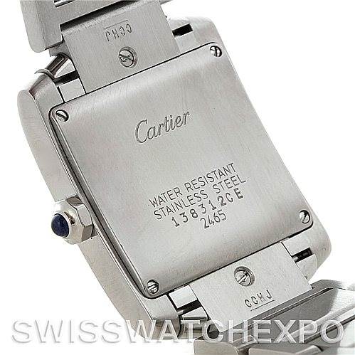 The image shows the back case and part of the bracelet of a Cartier Tank Francaise W51011Q3 Women's Stainless Steel Silver Dial W51011Q3 Women's Stainless Steel Silver Dial watch.