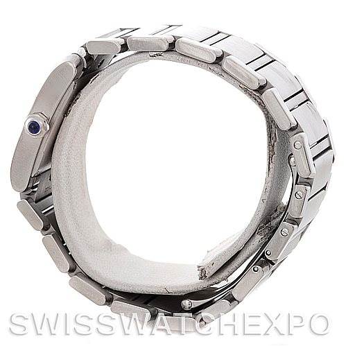 This image shows the side view of the strap and case of a Cartier Tank Française watch.