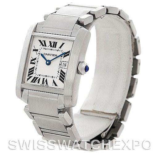 The image shows a Cartier Tank Francaise W51011Q3 Women's Stainless Steel Silver Dial W51011Q3 Women's Stainless Steel Silver Dial watch from a three-quarter angle, highlighting its stainless steel bracelet, square dial, and blue sapphire crown.