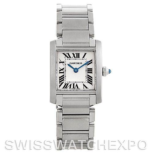 The image shows a front view of a Cartier Tank Francaise W51008Q3 Women's Stainless Steel White Dial W51008Q3 Women's Stainless Steel White Dial watch, featuring its rectangular face, Roman numerals, and metal bracelet.
