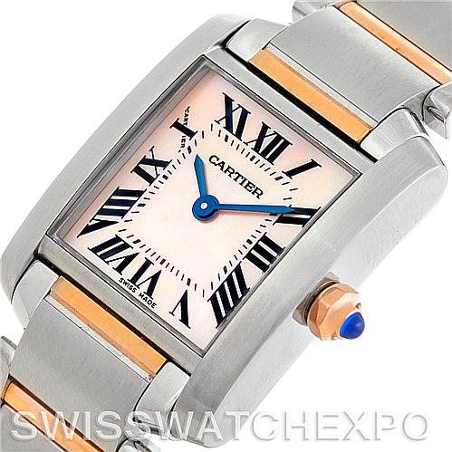This image shows a close-up, angled shot of the face and part of the bracelet of the Cartier Tank Française watch.