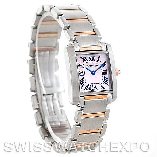 The image shows a Cartier Tank Francaise W51027Q4 Women's Steel and Gold (two tone) Mother of Pearl Dial W51027Q4 Women's Steel and Gold (two tone) Mother of Pearl Dial watch, featuring a stainless steel and gold bracelet, rectangular face, and Roman numeral dial.