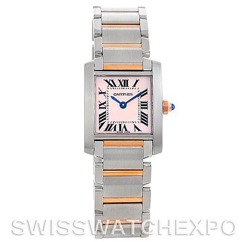This image shows a front view of the Cartier Tank Française watch, highlighting its rectangular face, Roman numerals, and metal bracelet.