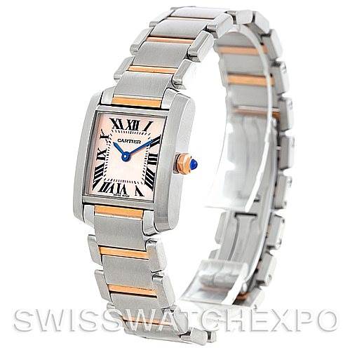 The image shows a Cartier Tank Francaise W51027Q4 Women's Steel and Gold (two tone) Mother of Pearl Dial W51027Q4 Women's Steel and Gold (two tone) Mother of Pearl Dial watch from an angled view, displaying its face, crown, and metal bracelet with gold accents.