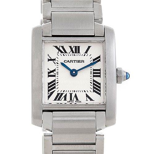 The image shows a frontal view of a Cartier Tank Francaise W51008Q3 Women's Stainless Steel Silver Dial W51008Q3 Women's Stainless Steel Silver Dial watch, highlighting its square face, roman numerals, blue hands, and stainless steel bracelet.