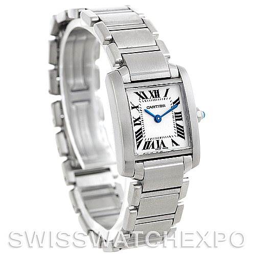 The image shows a side angle of the Cartier Tank Française watch, highlighting its square face, Roman numerals, and metal bracelet.