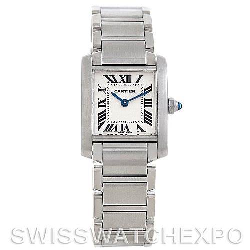 This image shows a frontal view of the Cartier Tank Francaise W51008Q3 Women's Stainless Steel Silver Dial W51008Q3 Women's Stainless Steel Silver Dial watch, highlighting its face, bracelet, and clasp.