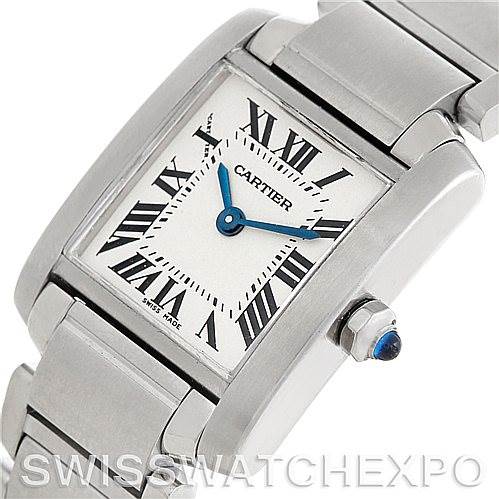The image shows a close-up view of the Cartier Tank Francaise W51008Q3 Women's Stainless Steel Silver Dial W51008Q3 Women's Stainless Steel Silver Dial watch, highlighting the face, Roman numeral dial, and part of the stainless steel bracelet.