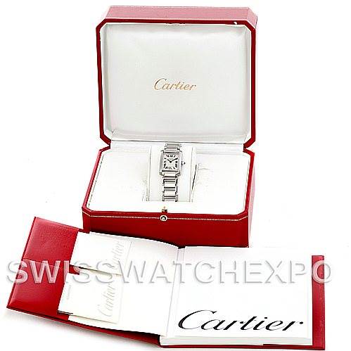 The Cartier Tank Francaise W51008Q3 Women's Stainless Steel Silver Dial W51008Q3 Women's Stainless Steel Silver Dial watch is displayed in its open red box, with branded documents and another smaller box nearby.