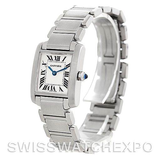 The image shows a Cartier Tank Française watch taken from an angled side view, highlighting the face, bezel, and bracelet.
