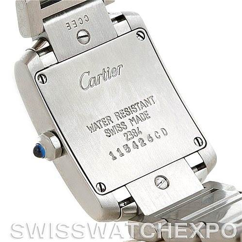 This image shows the back case of the Cartier Tank Française watch, highlighting the engraved details.