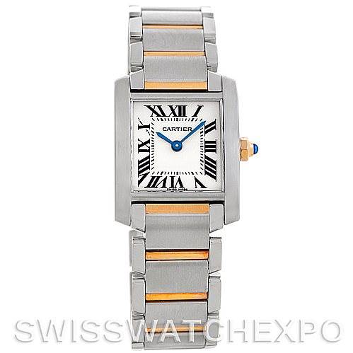 The image shows a front view of a Cartier Tank Francaise W51007Q4 Women's Steel and Gold (two tone) Silver Dial W51007Q4 Women's Steel and Gold (two tone) Silver Dial watch, highlighting its rectangular face, Roman numerals, and metal bracelet.