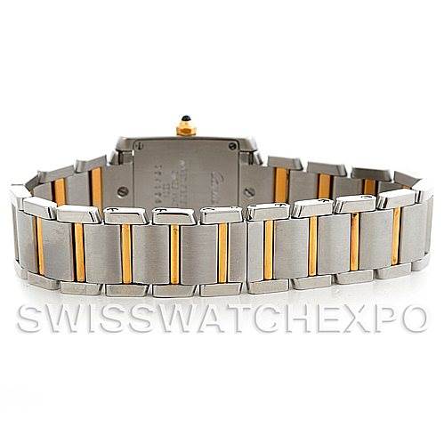 This rear view image shows the bracelet and case back of a Cartier Tank Francaise W51007Q4 Women's Steel and Gold (two tone) Silver Dial W51007Q4 Women's Steel and Gold (two tone) Silver Dial watch, highlighting its bi-color metal links.