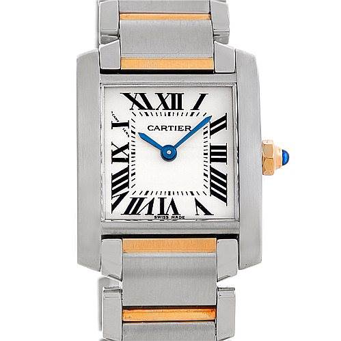 This image shows a Cartier Tank Française watch from a top-down angle, highlighting its face and part of the bracelet.