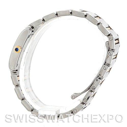 The image shows a side view of a Cartier Tank Française watch, focusing on the bracelet and side profile of the case.