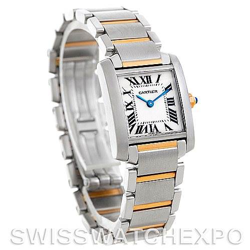 This image shows a Cartier Tank Francaise W51007Q4 Women's Steel and Gold (two tone) Silver Dial W51007Q4 Women's Steel and Gold (two tone) Silver Dial watch at a three-quarter angle, displaying the face, case, and bracelet with gold accents.