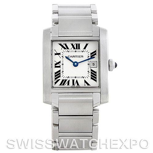 The image shows a front view of the Cartier Tank Française watch, highlighting its rectangular dial, Roman numerals, and metal bracelet.