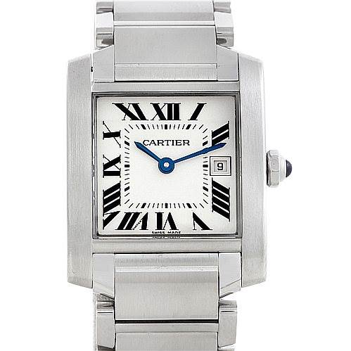 The image shows a frontal view of a Cartier Tank Française watch, highlighting the face, Roman numerals, and metal bracelet.