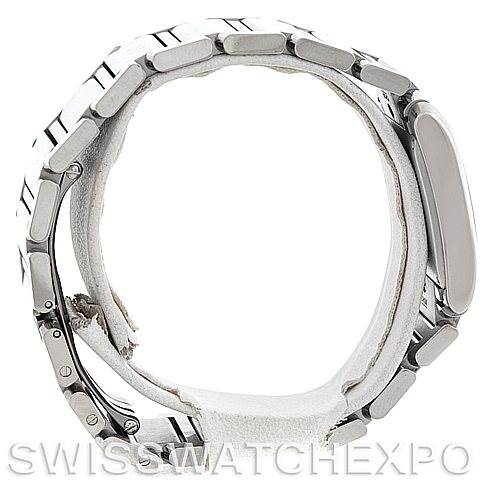 The image shows a side view of the Tank Française model by Cartier, highlighting the bracelet and the watch case's profile.